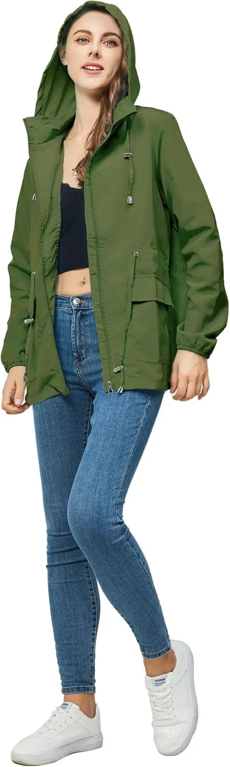 Women-Rain Jacket-Hood Waterproof-Lightweight Windbreak-Packable  Cute RainCoats Travel Polka Dot Ladies With Pouch