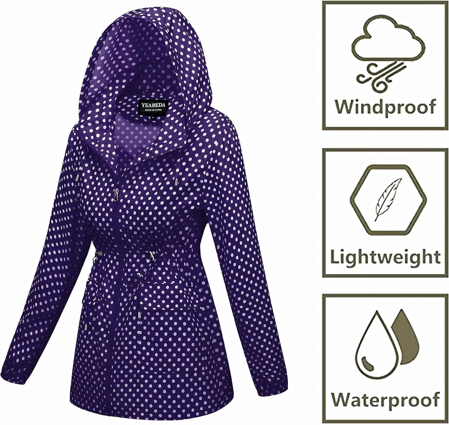 Women-Rain Jacket-Hood Waterproof-Lightweight Windbreak-Packable  Cute RainCoats Travel Polka Dot Ladies With Pouch