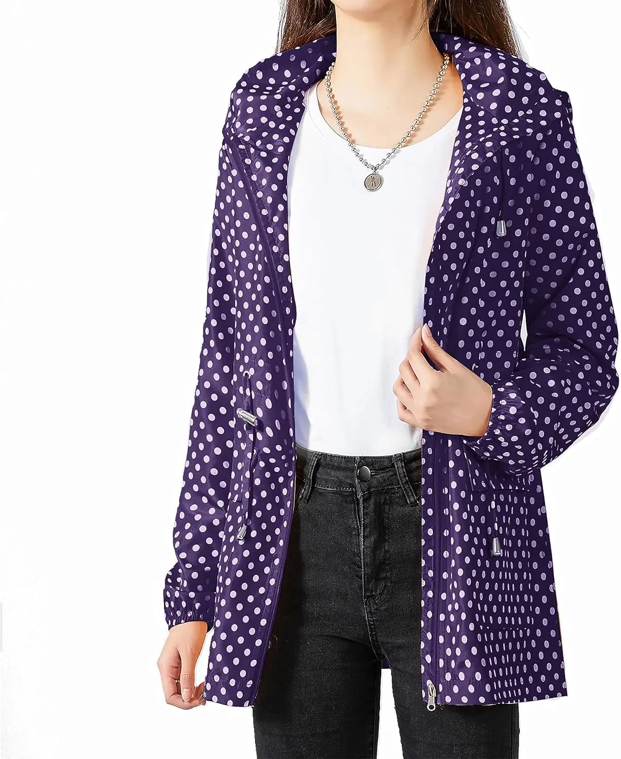Women-Rain Jacket-Hood Waterproof-Lightweight Windbreak-Packable  Cute RainCoats Travel Polka Dot Ladies With Pouch