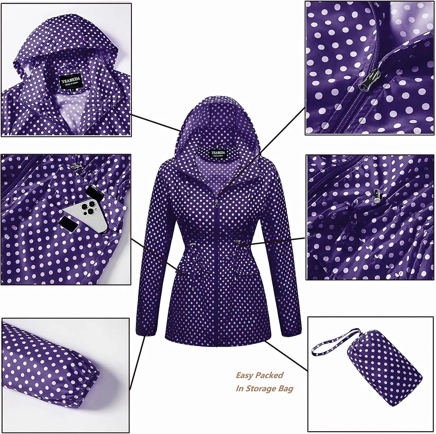 Women-Rain Jacket-Hood Waterproof-Lightweight Windbreak-Packable  Cute RainCoats Travel Polka Dot Ladies With Pouch