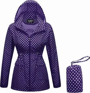 Women-Rain Jacket-Hood Waterproof-Lightweight Windbreak-Packable  Cute RainCoats Travel Polka Dot Ladies With Pouch