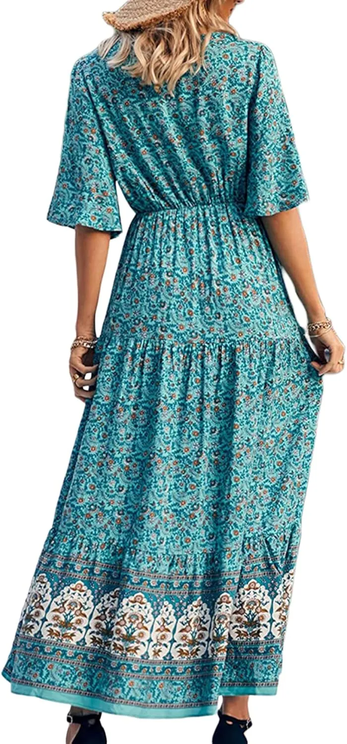 Women Summer Casual Maxi Dress Bohemian Floral V Neck Short Sleeve Ethnic Beach Flowy Sundress Long Swing Dress