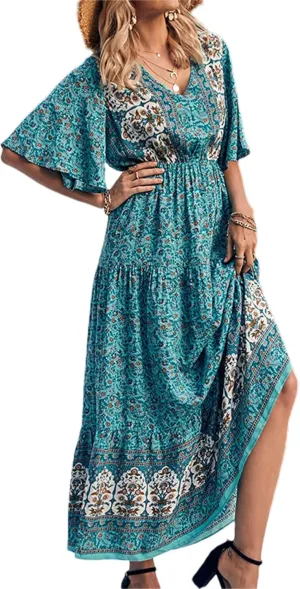 Women Summer Casual Maxi Dress Bohemian Floral V Neck Short Sleeve Ethnic Beach Flowy Sundress Long Swing Dress