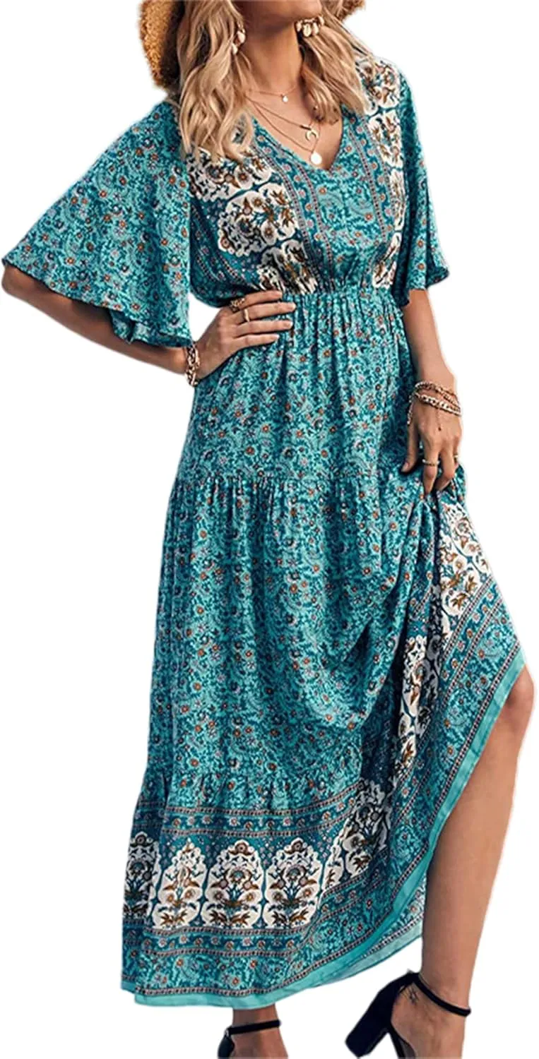 Women Summer Casual Maxi Dress Bohemian Floral V Neck Short Sleeve Ethnic Beach Flowy Sundress Long Swing Dress