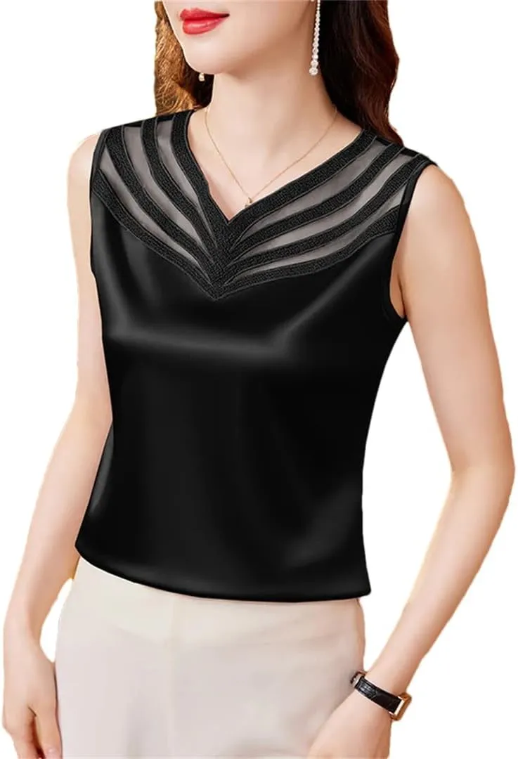 Women Summer Silk Satin Shirt Patchwork Lace Camisole Tops V-Neck Sleeveless Casual Women Clothing