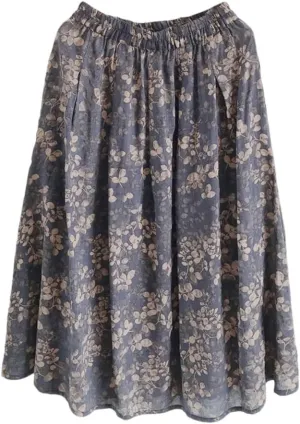 Women Vintage Print A-Line Skirt Cotton Casual Elastic Waist Loose Midi Skirts