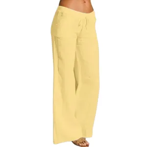 Women Wide Leg Linen Pants Summer Beach Loose Fit Drawstring High Waist Lightweight Cotton Linen Trousers with Pockets