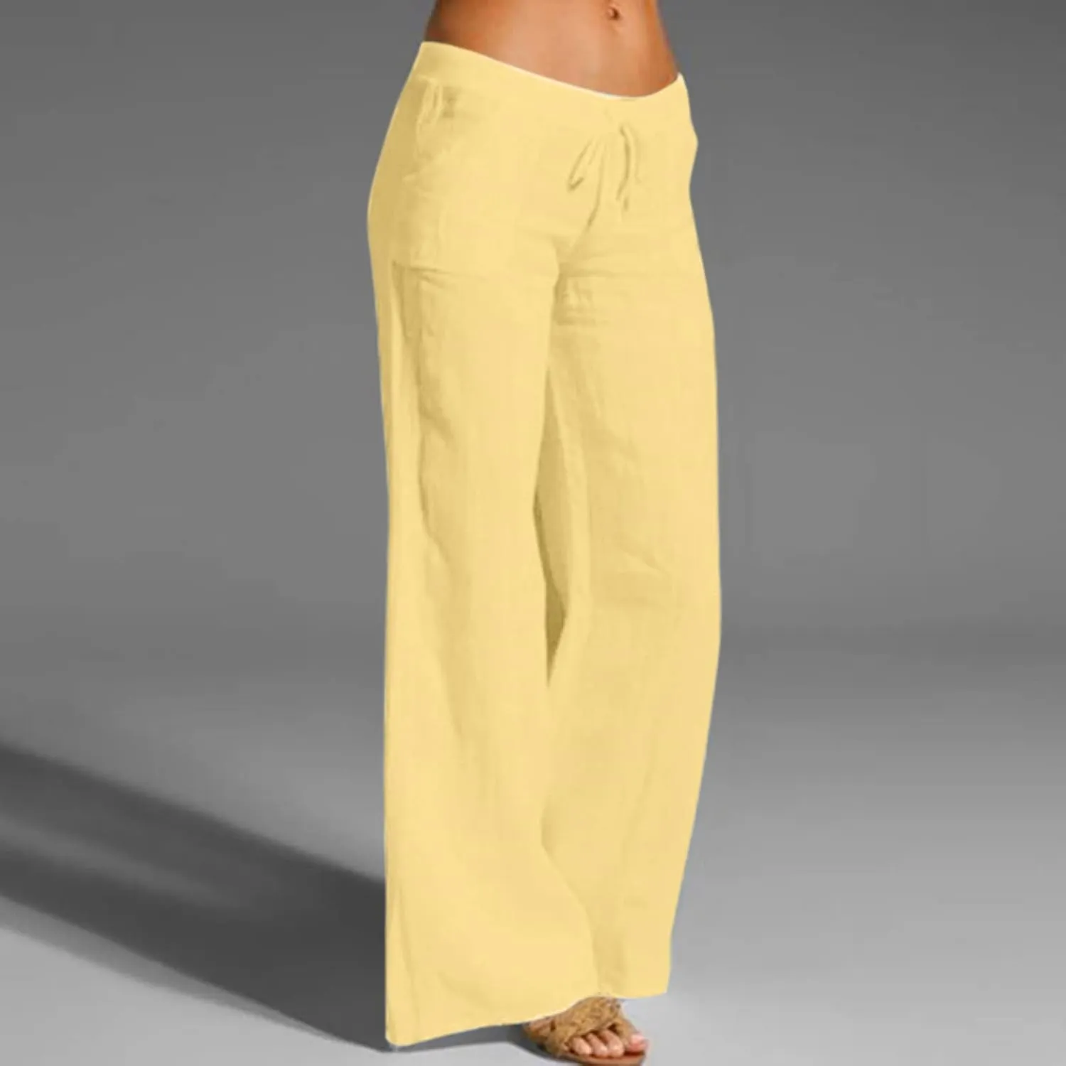 Women Wide Leg Linen Pants Summer Beach Loose Fit Drawstring High Waist Lightweight Cotton Linen Trousers with Pockets