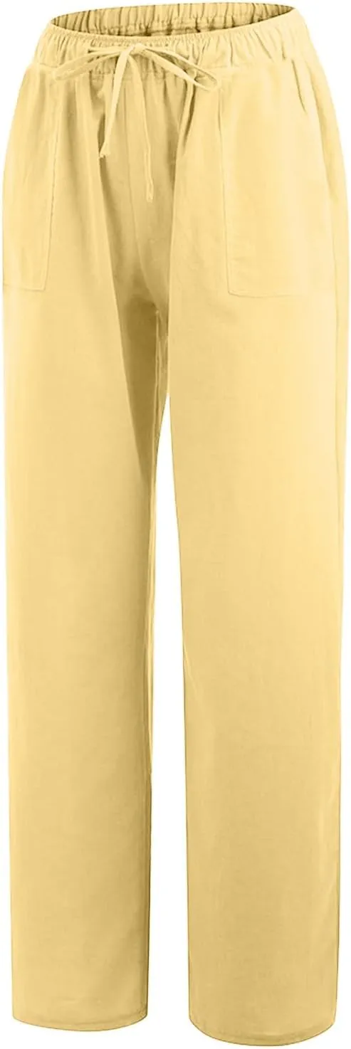 Women Wide Leg Linen Pants Summer Beach Loose Fit Drawstring High Waist Lightweight Cotton Linen Trousers with Pockets