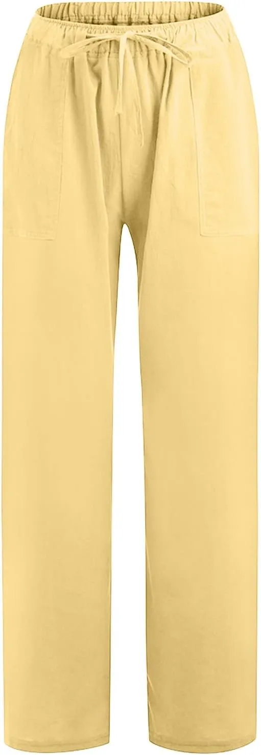 Women Wide Leg Linen Pants Summer Beach Loose Fit Drawstring High Waist Lightweight Cotton Linen Trousers with Pockets