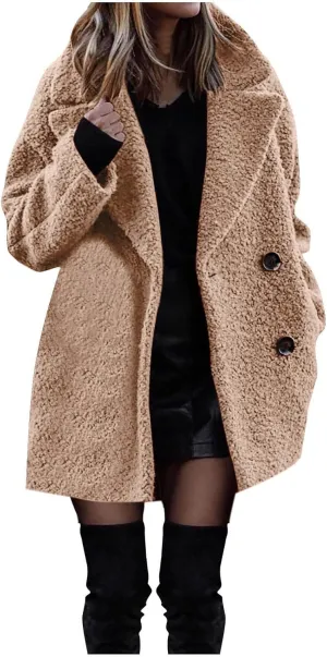 Women Winter Fuzzy Fleece Lapel Coats Long Cardigan Fluffy Jackets Faux Fur Warm Overcoats with Pockets Button 2024
