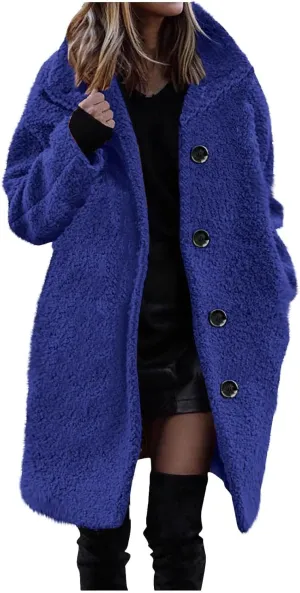 Women Winter Fuzzy Fleece Lapel Coats Long Cardigan Fluffy Jackets Faux Fur Warm Overcoats with Pockets Button 2024