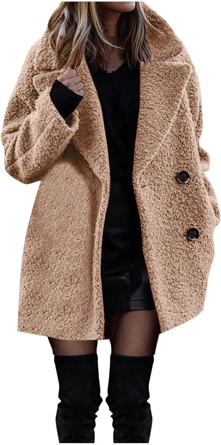 Women Winter Fuzzy Fleece Lapel Coats Long Cardigan Fluffy Jackets Faux Fur Warm Overcoats with Pockets Button 2024