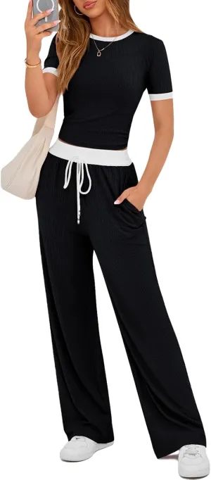 Women's 2 Piece Sets Casual Lounge Sets Short Sleeve Color Block Tops High Waisted Wide Leg Pants Pajama Outfits