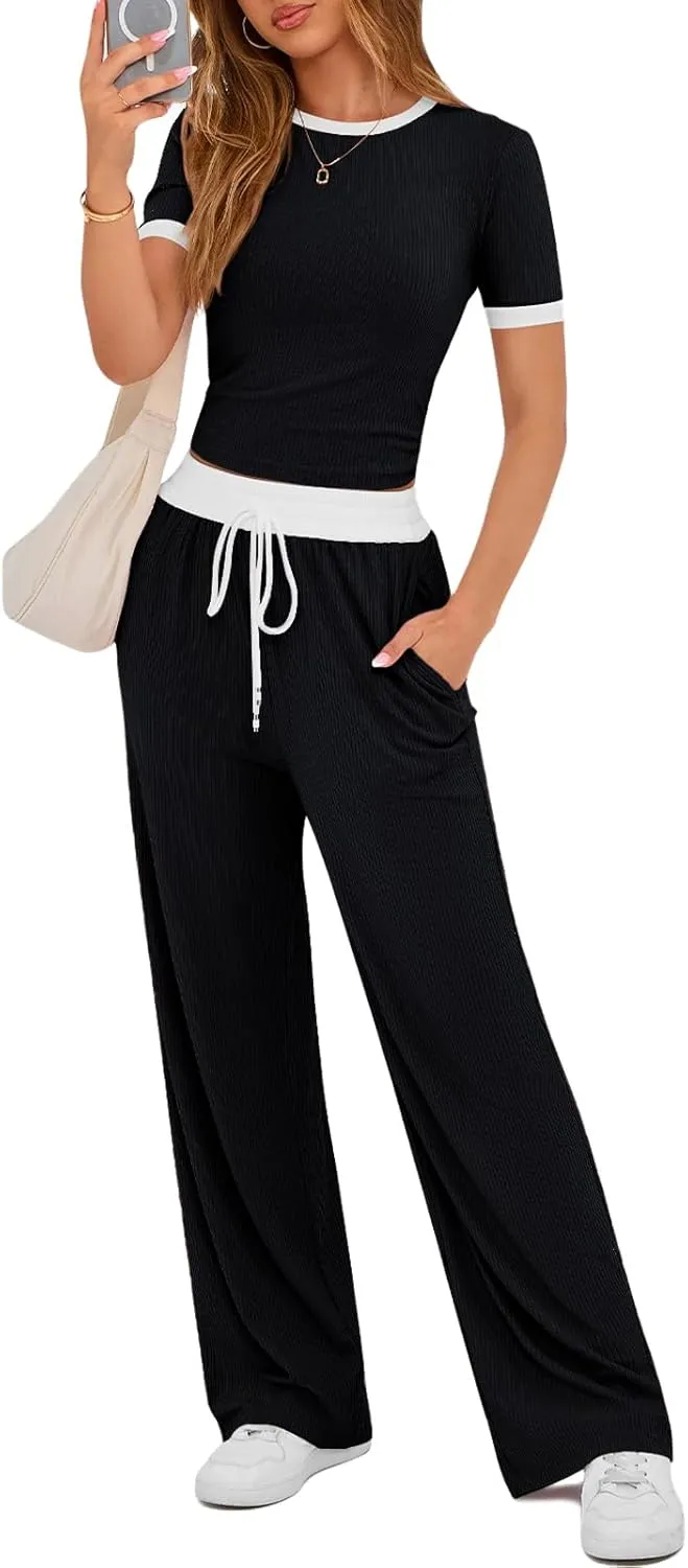 Women's 2 Piece Sets Casual Lounge Sets Short Sleeve Color Block Tops High Waisted Wide Leg Pants Pajama Outfits