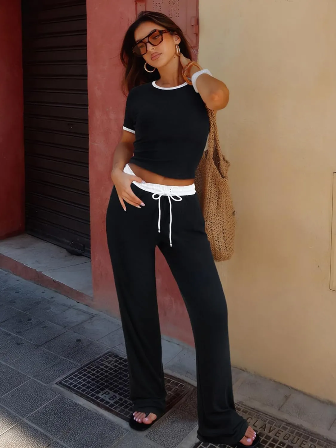 Women's 2 Piece Sets Casual Lounge Sets Short Sleeve Color Block Tops High Waisted Wide Leg Pants Pajama Outfits