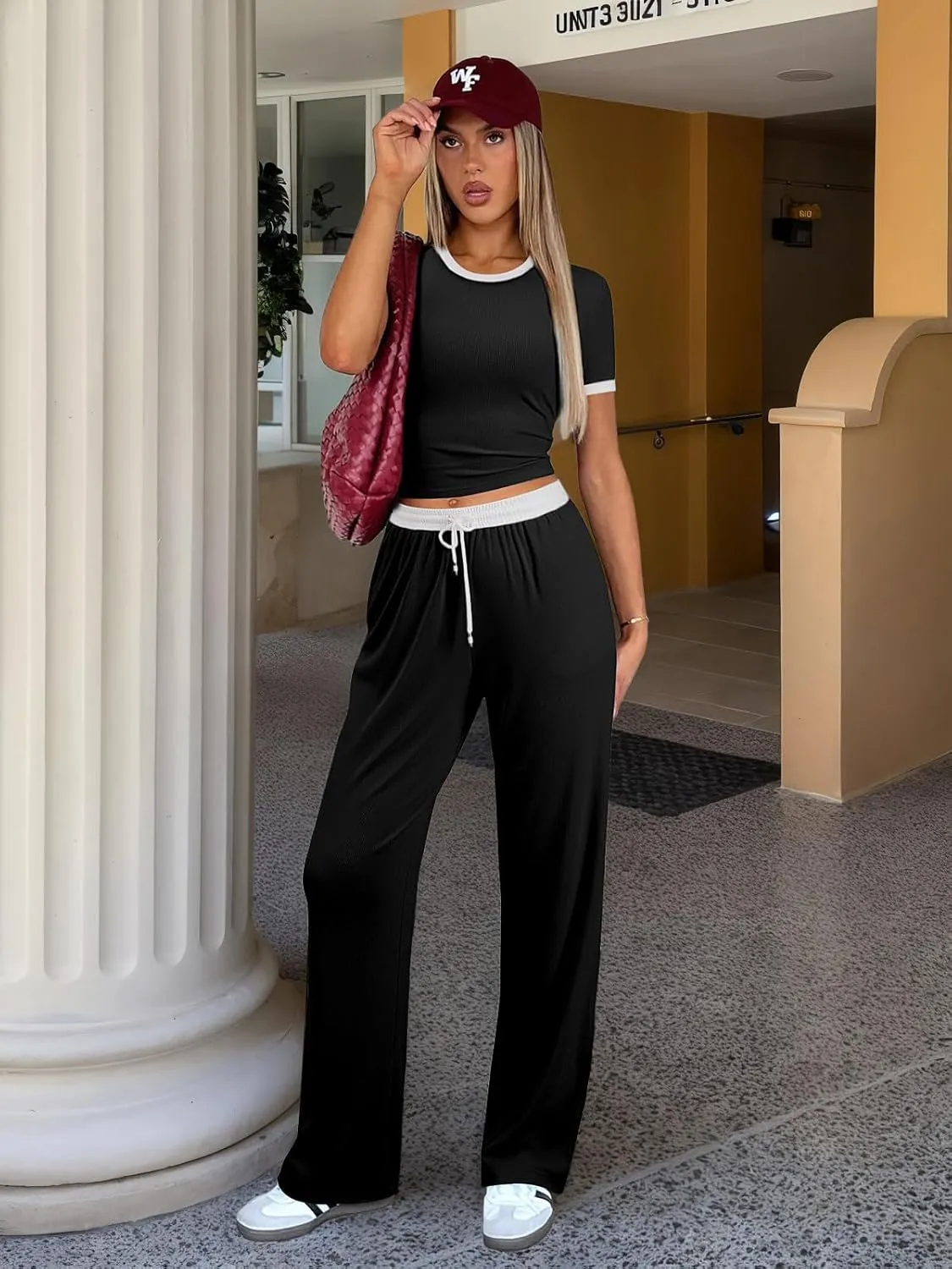 Women's 2 Piece Sets Casual Lounge Sets Short Sleeve Color Block Tops High Waisted Wide Leg Pants Pajama Outfits
