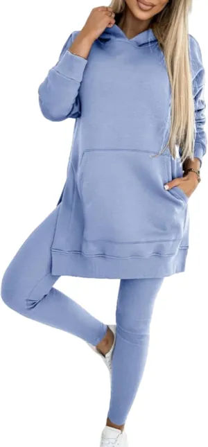 Women's 2-Piece Slit Hooded Sweatshirt Set, Fall Winter Clothes Lounge Set, Oversized Side Slit Long Hoodie Pullover Leggings