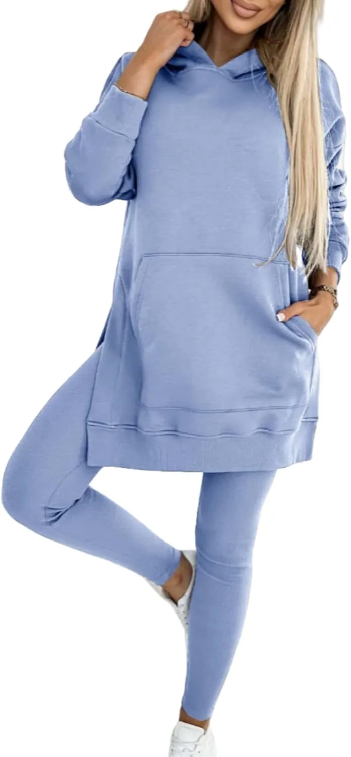 Women's 2-Piece Slit Hooded Sweatshirt Set, Fall Winter Clothes Lounge Set, Oversized Side Slit Long Hoodie Pullover Leggings