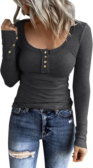 Women's 2023 Fall Long Sleeve Henley T Shirts Button Down Slim Fitted Tops Scoop Neck Ribbed Knit Casual Basic Shirts