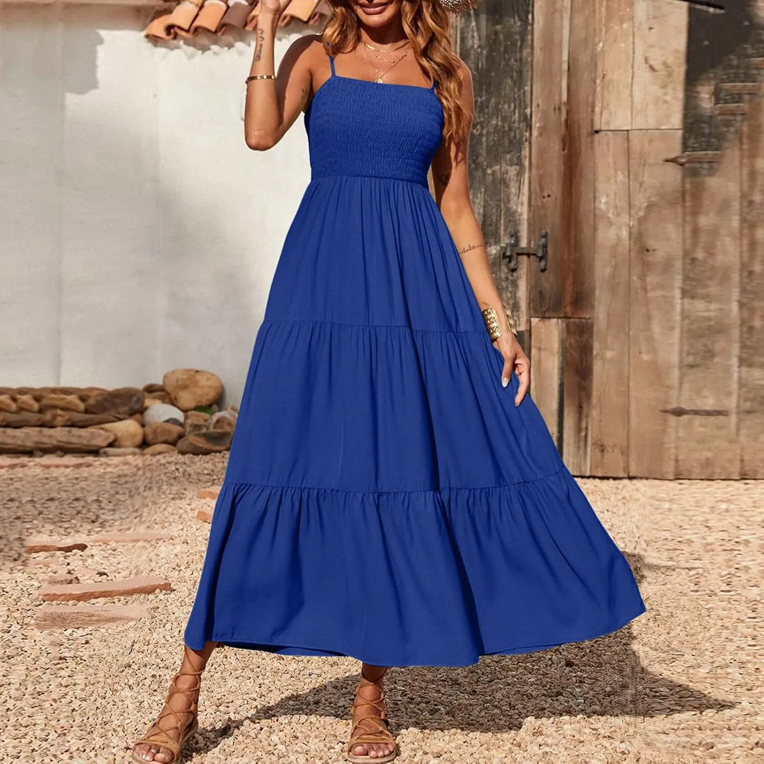 Women's Boho Dress Spaghetti Strap Smocked Tiered Dress Long Beach Sun Dresses Summer Sleeveless Solid Maxi Dress
