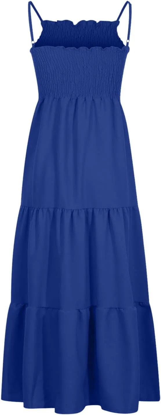 Women's Boho Dress Spaghetti Strap Smocked Tiered Dress Long Beach Sun Dresses Summer Sleeveless Solid Maxi Dress