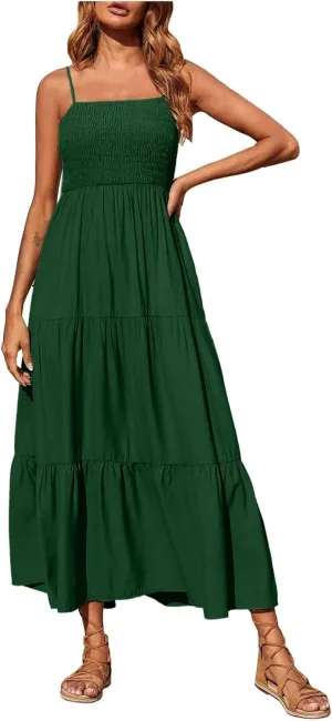 Women's Boho Dress Spaghetti Strap Smocked Tiered Dress Long Beach Sun Dresses Summer Sleeveless Solid Maxi Dress