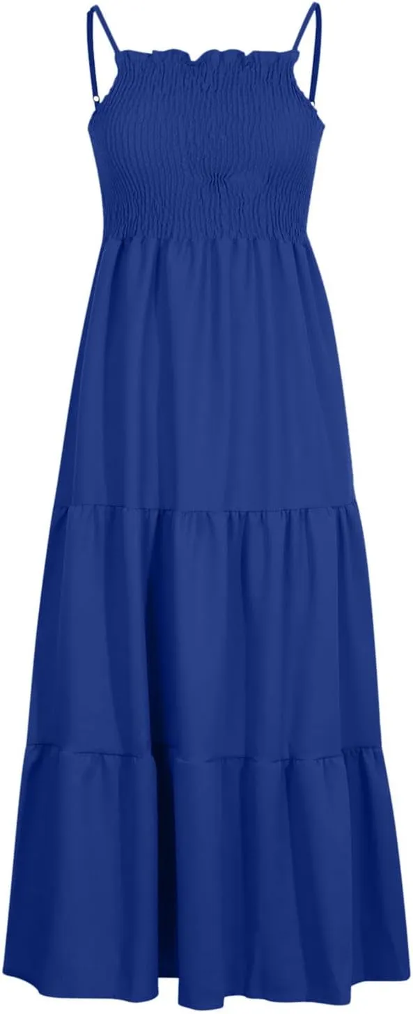 Women's Boho Dress Spaghetti Strap Smocked Tiered Dress Long Beach Sun Dresses Summer Sleeveless Solid Maxi Dress