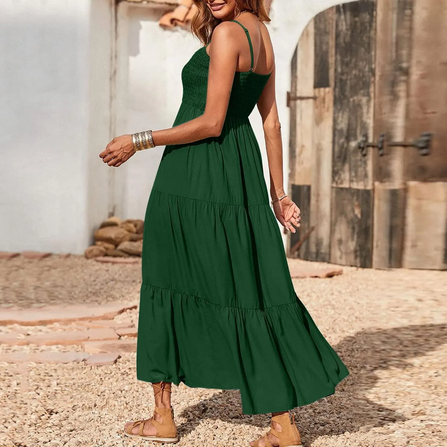 Women's Boho Dress Spaghetti Strap Smocked Tiered Dress Long Beach Sun Dresses Summer Sleeveless Solid Maxi Dress