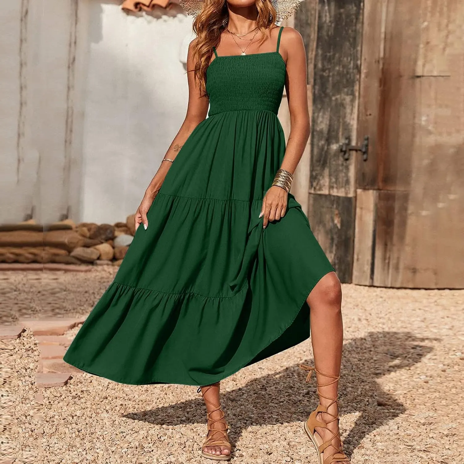 Women's Boho Dress Spaghetti Strap Smocked Tiered Dress Long Beach Sun Dresses Summer Sleeveless Solid Maxi Dress