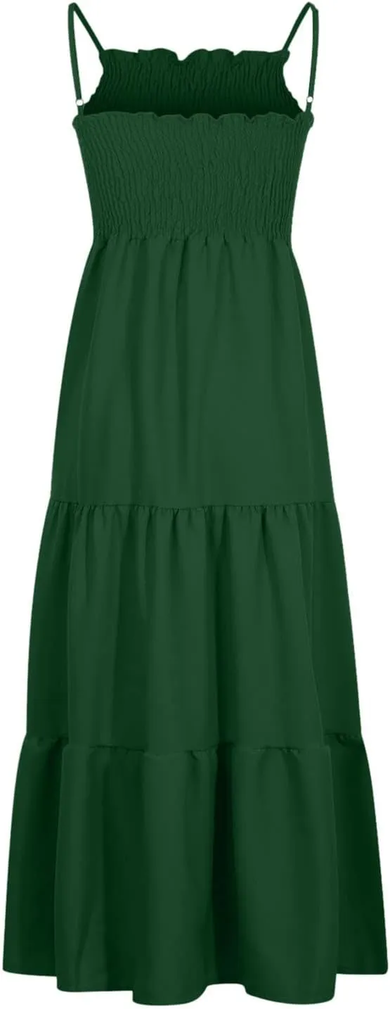 Women's Boho Dress Spaghetti Strap Smocked Tiered Dress Long Beach Sun Dresses Summer Sleeveless Solid Maxi Dress