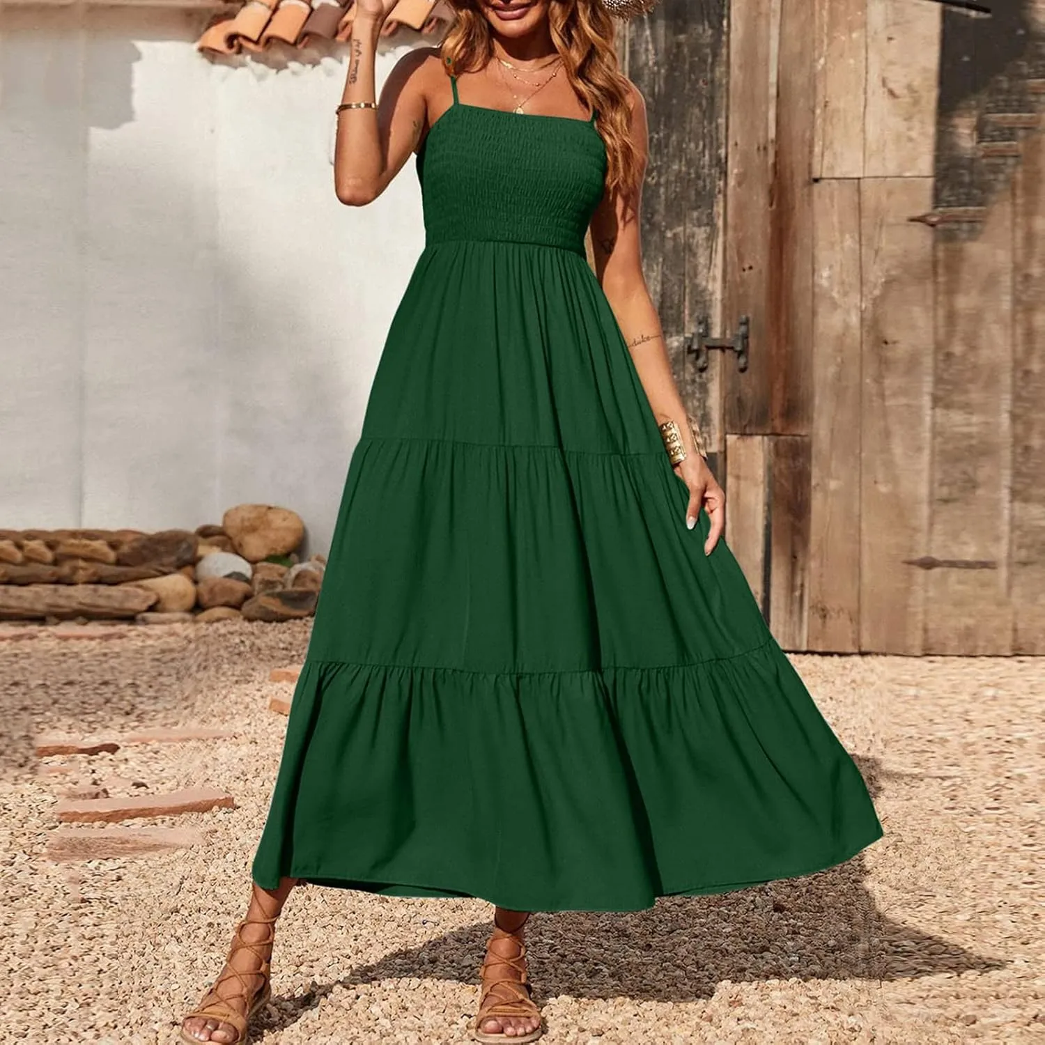 Women's Boho Dress Spaghetti Strap Smocked Tiered Dress Long Beach Sun Dresses Summer Sleeveless Solid Maxi Dress