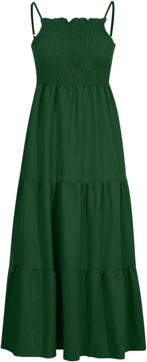 Women's Boho Dress Spaghetti Strap Smocked Tiered Dress Long Beach Sun Dresses Summer Sleeveless Solid Maxi Dress