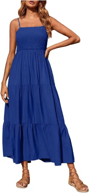Women's Boho Dress Spaghetti Strap Smocked Tiered Dress Long Beach Sun Dresses Summer Sleeveless Solid Maxi Dress