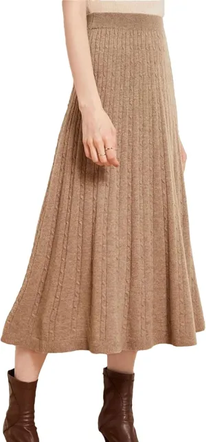 Women's Cashmere Skirt Midi Knitted High Waist Pleated A-Line Skirt Casual Holiday Skirt