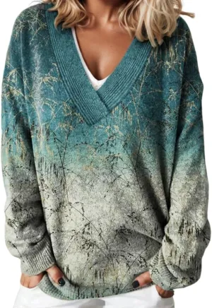 Women's Casual Cute Graphic Print V-Neck Pullover Sweater Fall and Winter Oversized Vintage Long Sleeve Floral Tops