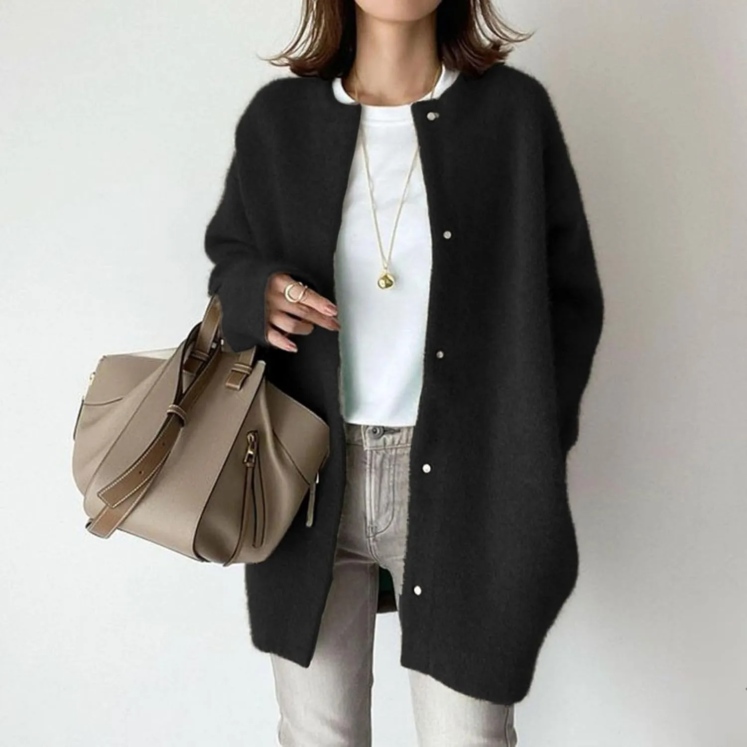 Womens Casual Knit Loose Fit Crewneck Jacket Button Down Lightweight Fuzzy Jacket Solid Long Sleeve Baggy Outwear