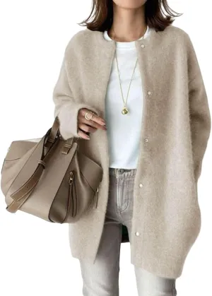 Womens Casual Knit Loose Fit Crewneck Jacket Button Down Lightweight Fuzzy Jacket Solid Long Sleeve Baggy Outwear
