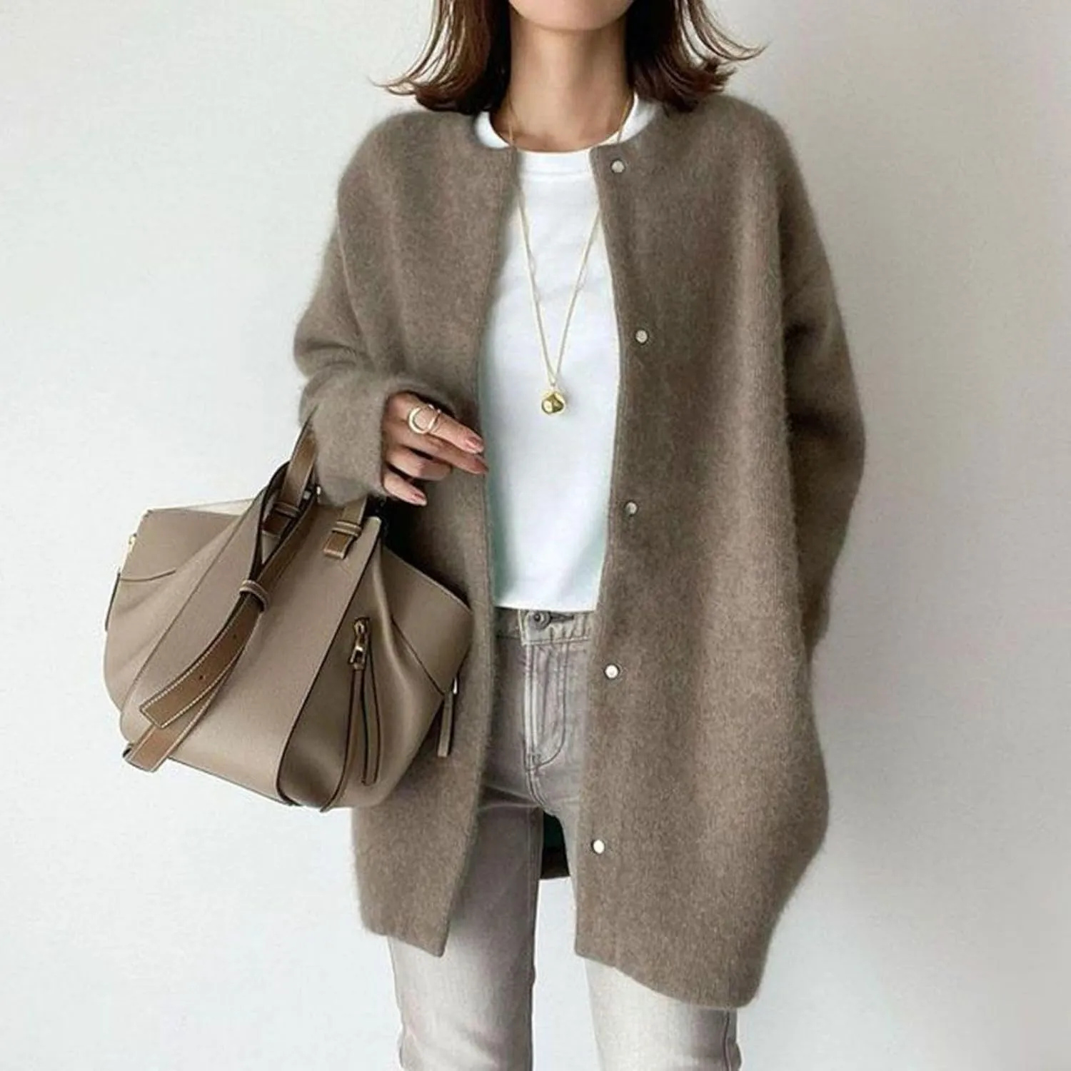 Womens Casual Knit Loose Fit Crewneck Jacket Button Down Lightweight Fuzzy Jacket Solid Long Sleeve Baggy Outwear