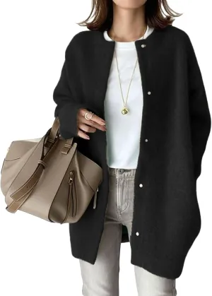 Womens Casual Knit Loose Fit Crewneck Jacket Button Down Lightweight Fuzzy Jacket Solid Long Sleeve Baggy Outwear