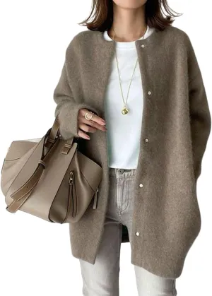 Womens Casual Knit Loose Fit Crewneck Jacket Button Down Lightweight Fuzzy Jacket Solid Long Sleeve Baggy Outwear