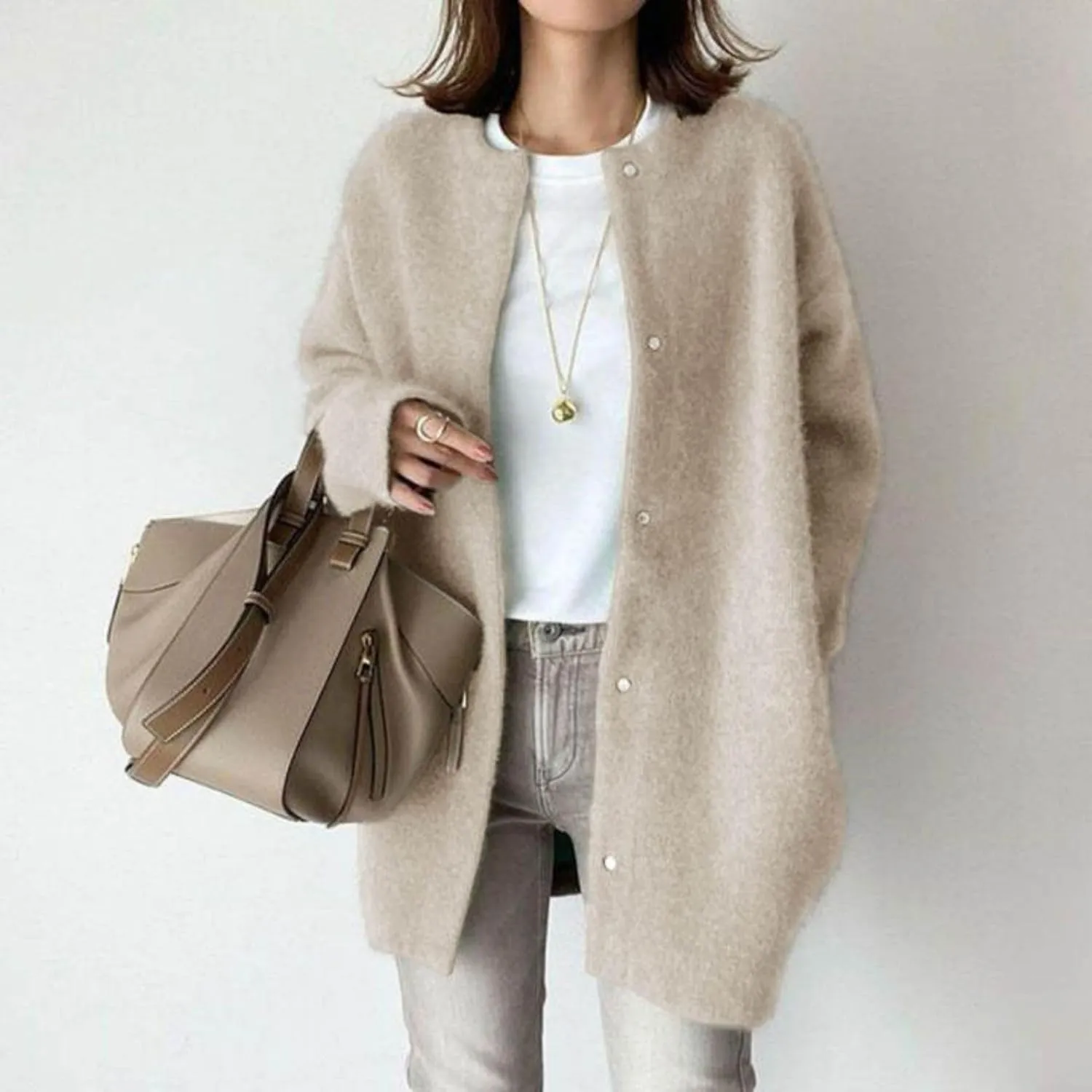 Womens Casual Knit Loose Fit Crewneck Jacket Button Down Lightweight Fuzzy Jacket Solid Long Sleeve Baggy Outwear