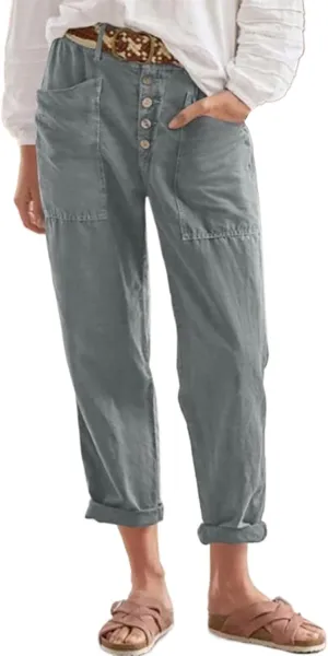 Women's Casual Loose Wide Leg Cozy Pants and Linen Long Pants High Waist Loose Capri Pants Trousers with Pockets