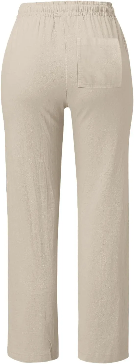 Women's Casual Loose Wide Leg Cozy Pants and Linen Long Pants High Waist Loose Capri Pants Trousers with Pockets
