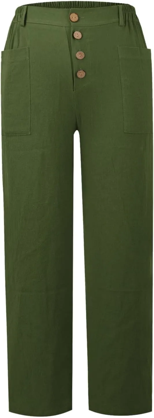 Women's Casual Loose Wide Leg Cozy Pants and Linen Long Pants High Waist Loose Capri Pants Trousers with Pockets