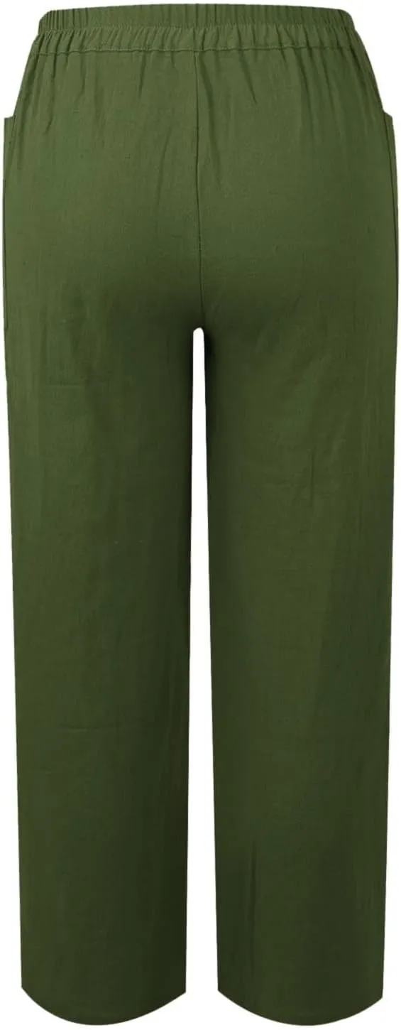 Women's Casual Loose Wide Leg Cozy Pants and Linen Long Pants High Waist Loose Capri Pants Trousers with Pockets