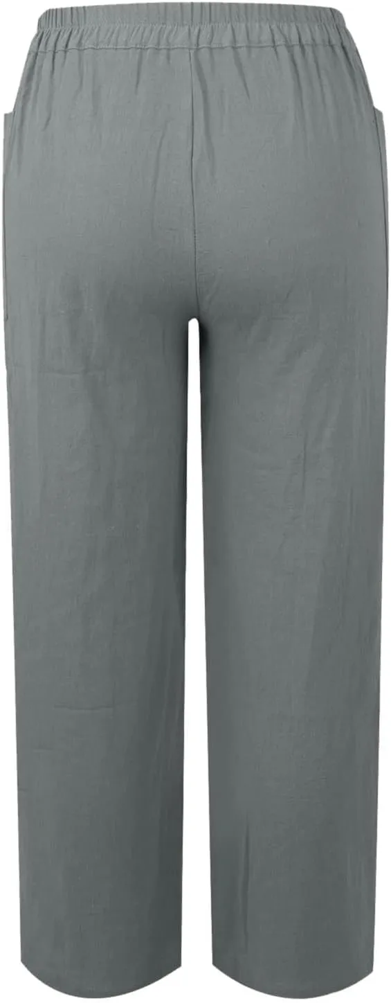 Women's Casual Loose Wide Leg Cozy Pants and Linen Long Pants High Waist Loose Capri Pants Trousers with Pockets