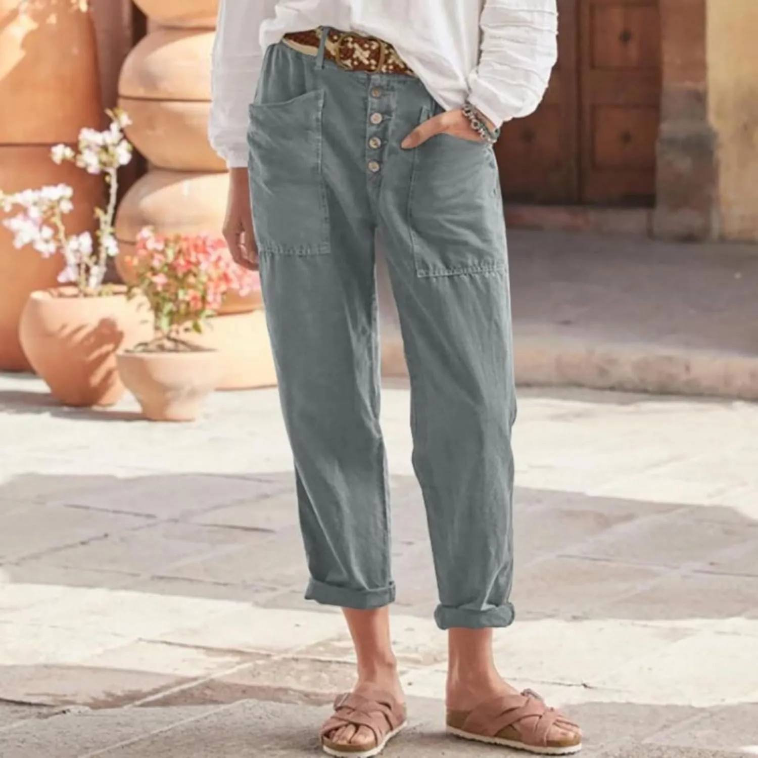 Women's Casual Loose Wide Leg Cozy Pants and Linen Long Pants High Waist Loose Capri Pants Trousers with Pockets