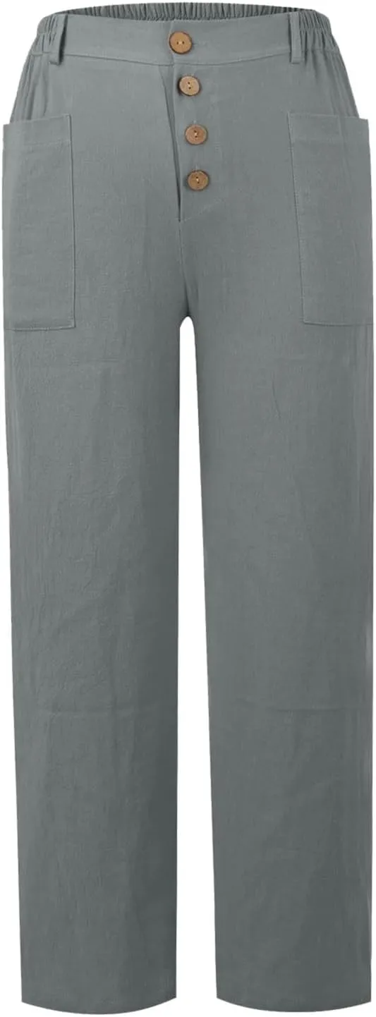 Women's Casual Loose Wide Leg Cozy Pants and Linen Long Pants High Waist Loose Capri Pants Trousers with Pockets