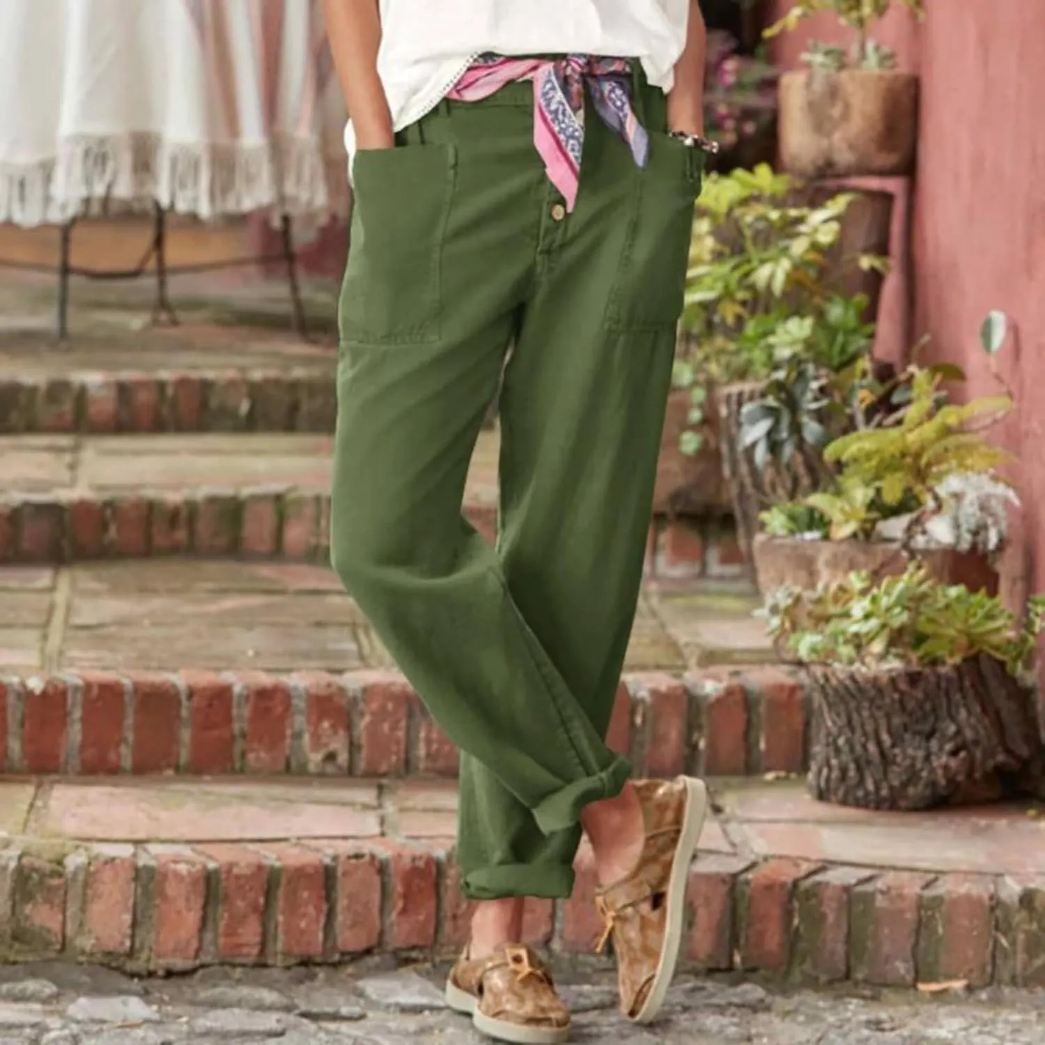 Women's Casual Loose Wide Leg Cozy Pants and Linen Long Pants High Waist Loose Capri Pants Trousers with Pockets